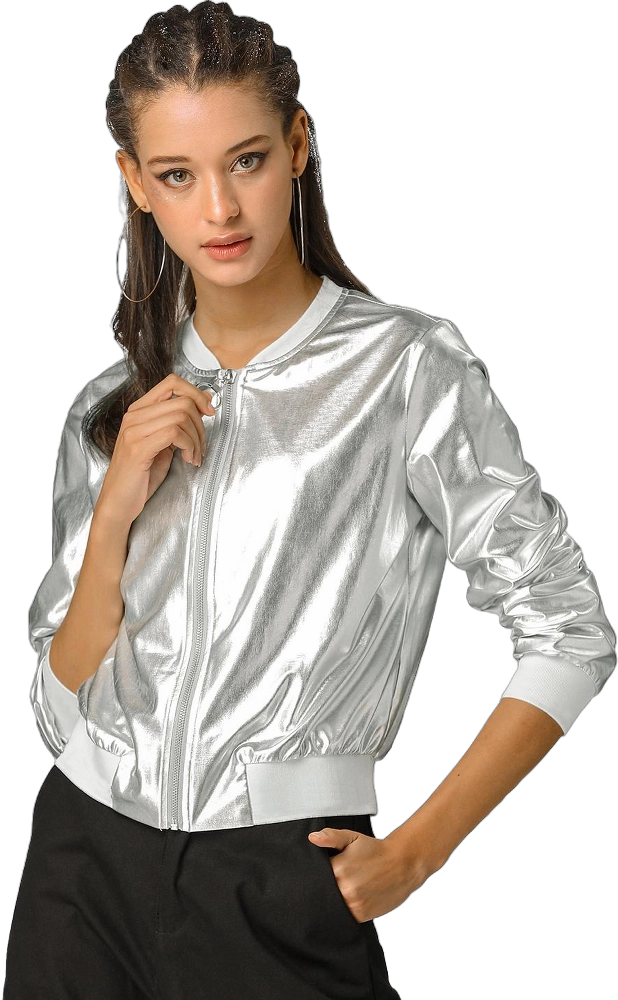 Allegra K Women's Holographic Fashion Stand Collar Metallic Lightweight Zip Bomber Jacket Silver X-Small