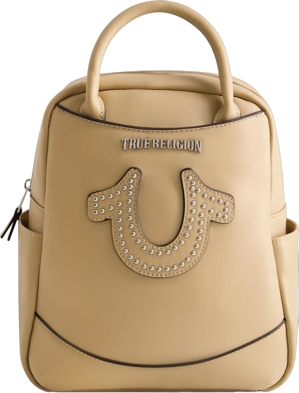 True Religion Women's Mini Backpack, Studded Horseshoe Logo Small Travel Bag Purse, Adjustable Shoulder Straps, Camel, 11 Inch