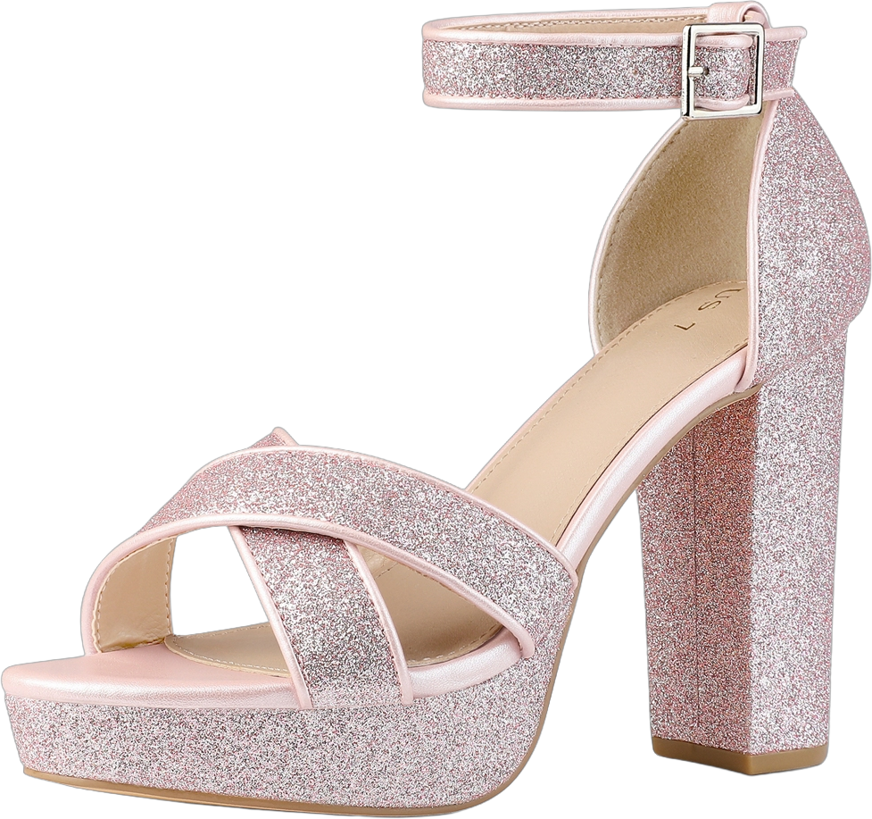 Perphy Women's Glitter Crisscross Strap Chunky Platform Heels Pink 6