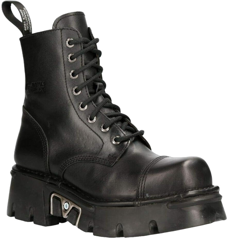 New Rock M-NEWMILI083-S19 Men's Metallic Combat Boots Black Leather Military Biker Goth Punk Shoes 7.5 Black