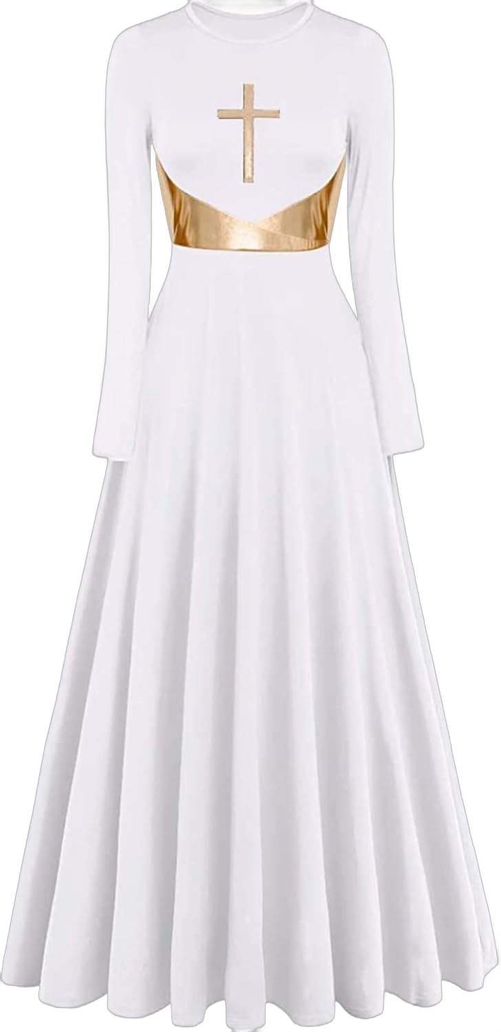 Womens Metallic Cross Worship Praise Dance Dress Full Length Lyrical Dancewear Church Liturgical Robe Dress Large 015 White