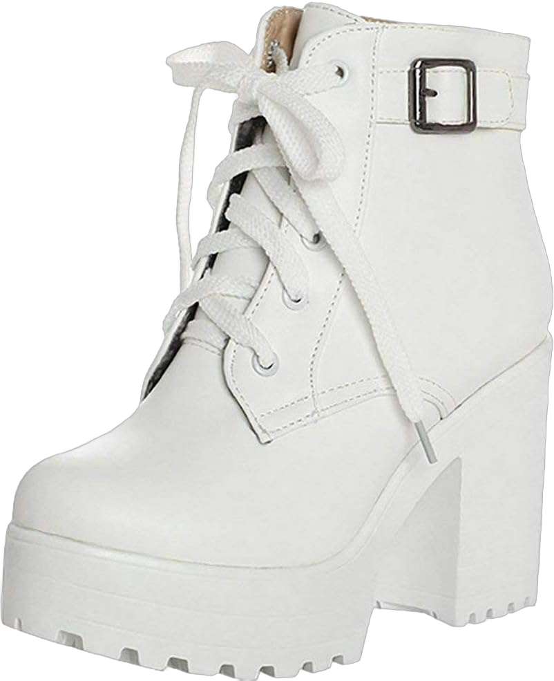 LUXMAX Women Platform Lace Up Ankle Boots Block High Heel Winter Booties 7 White