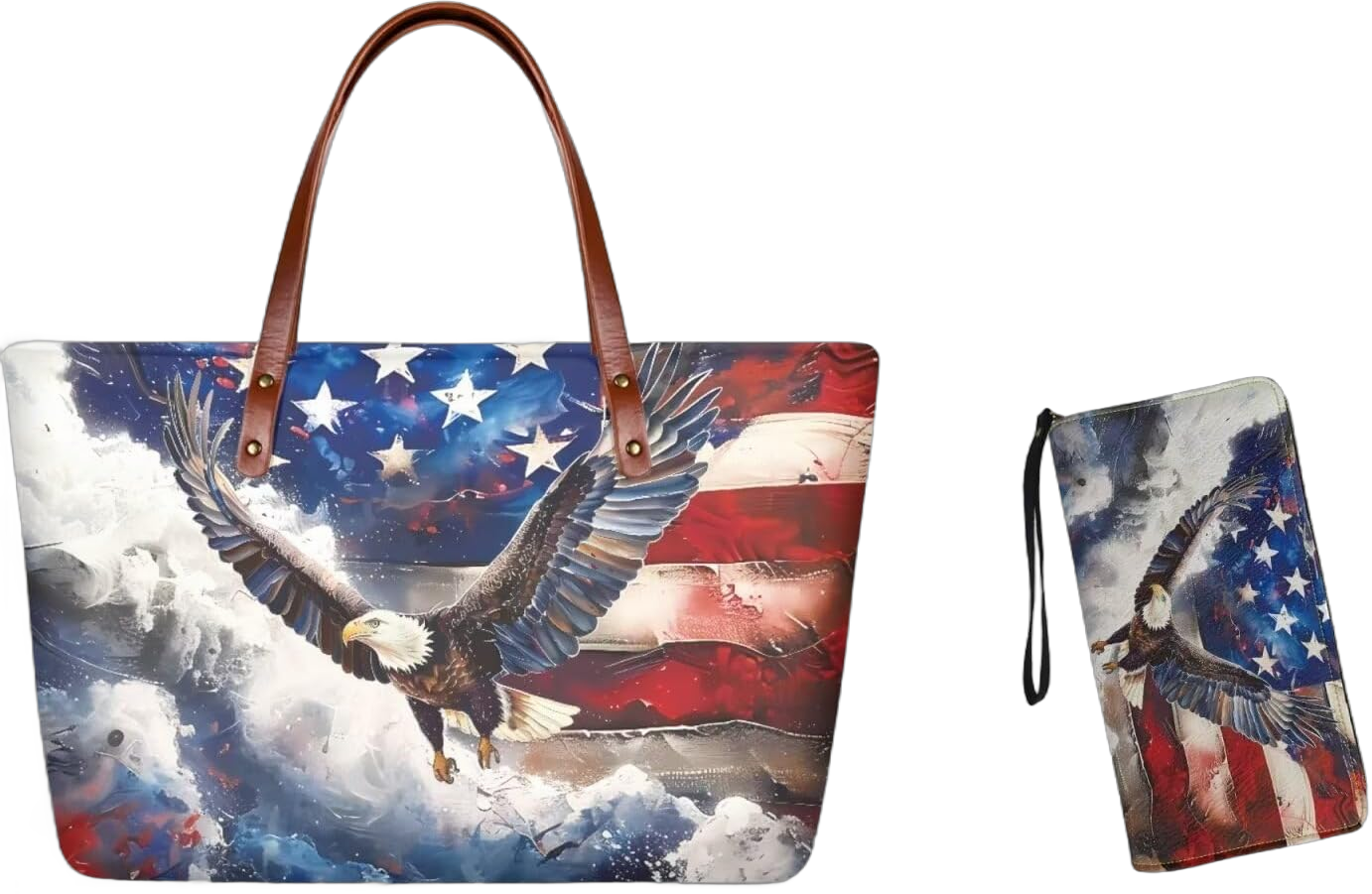 Handbags for Women Large Capacity Crossbody Totes with Wallet Clutch 2pcs Set American Flag Eagle