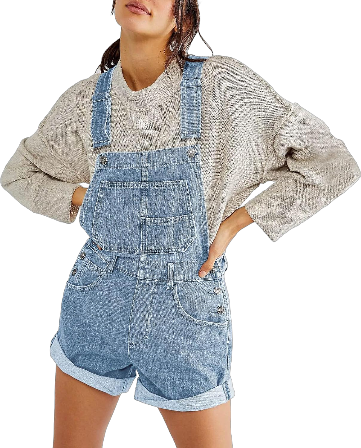 Women's Casual Denim Bib Overalls Classic Loose Adjustable Straps Rolled Cuff Shortall Rompers with Pockets Medium Baby Blue