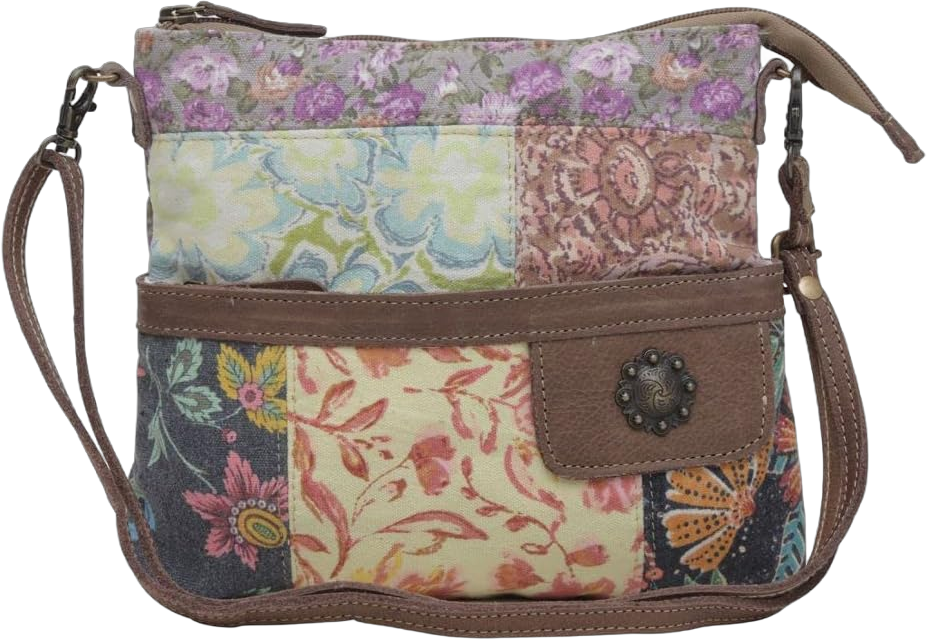 Myra Bag Floral Canvas Bags - La Fleur Small Crossbody Canvas Bags with Zipper, Floral Patchwork Design Canvas Zipper Bag, Hobo Crossbody Bags for Women, Canvas Zipper Pouch with Adjustable Strap