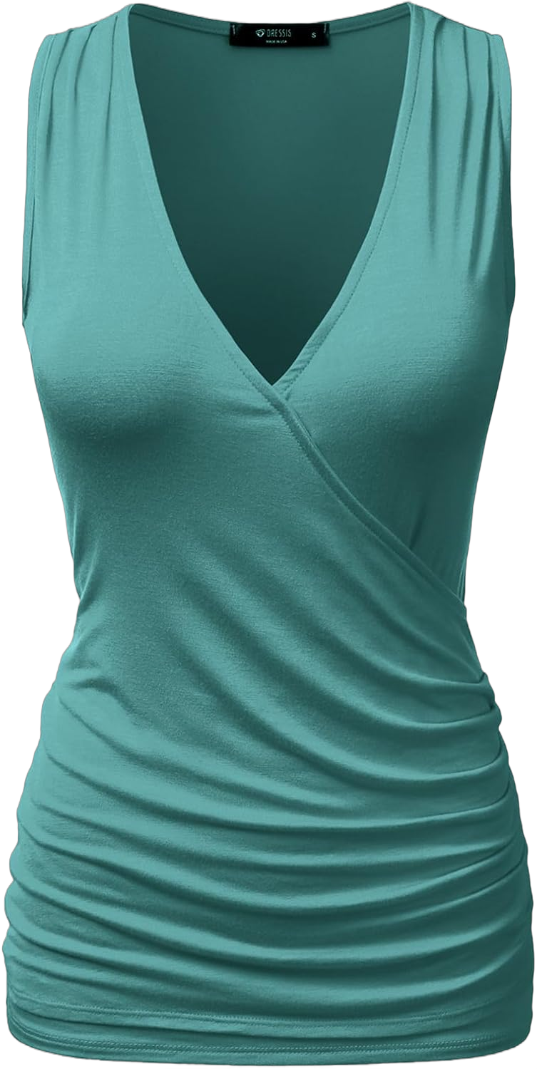 DOUBLJU Tank Tops For Women Cami Deep V Neck Sleeveless Satin Ruched Hem Tops Casual Basic Wrap T Shirts with Plus Size X-Large Teal