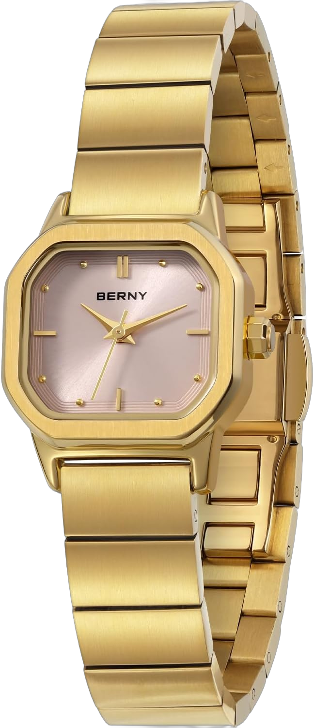 BERNY Gold Watches for Women Dainty Ladies Square Quartz Watch Japanese Quartz Movement 3ATM Waterproof Fashion Small Female Wrist Watch Luxury Birthday Gifts for Lady pink