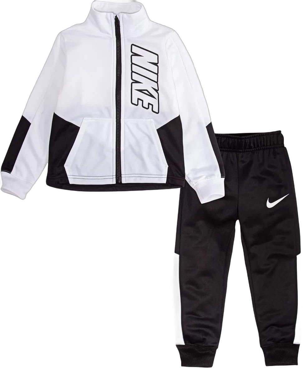 Nike Kids Baby Boy's Color Block Full Zip Hoodie and Jogger Pants Two-Piece Track Set (Toddler) Black/White 4T Toddler