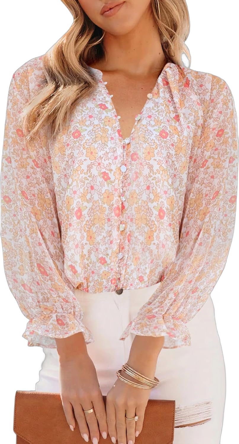 Womens Casual Boho Floral Print V Neck Long Sleeve Blouses Button Down Shirts Dressy Chiffon Loose Ruffle Tops - Orange Floral XL