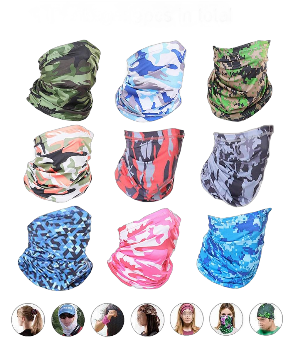 9PCS Seamless Bandana Face Mask for Dust, Multifunctional Headband Neck Gaiter for Men and Women, Cycling, Running Camouflage