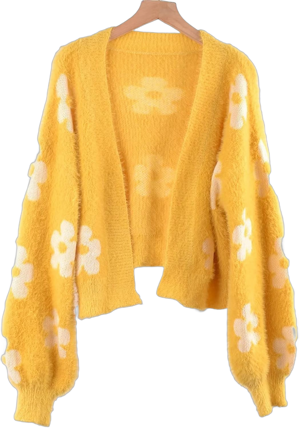 YUAKOU Women's Flower Long Sleeve Open Front Short Cardigan Casual Loose V Neck Down Knit Cardigan Sweaters Outwear Medium Yellow