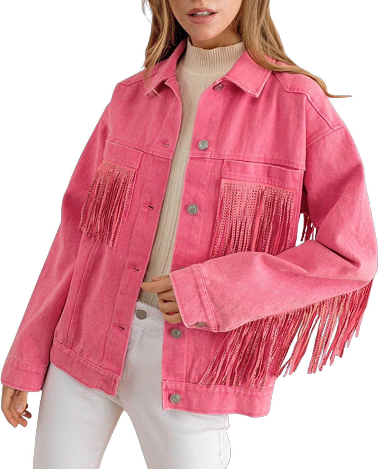 CHARTOU Women Western Fringe Denim Jean Jacket Rhinestone Cowgirl Tassel Jacket Top Tinsel Jacket Outfits Small Rosy