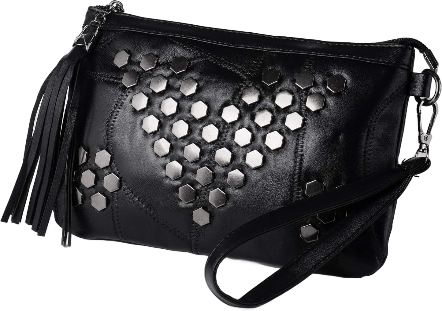 Studded Small Crossbody Bag for Women Fringe Gothic Purse Black Wristlet Clutch Black-metal V