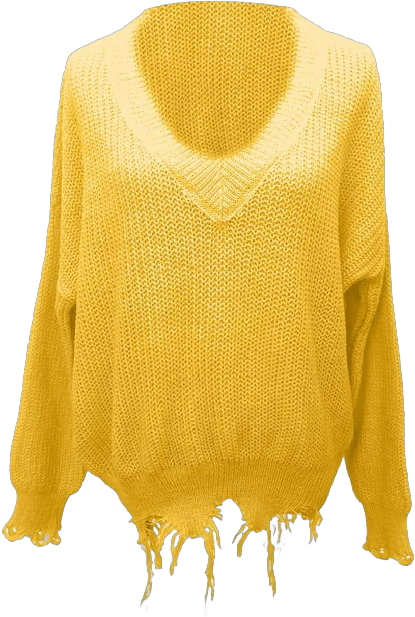 Sexyshine Women's Loose Long Sleeve V-Neck Sweaters Ripped Tassel Solid Knitted Pullover Jumper Baggy Crop Top Small Yellow