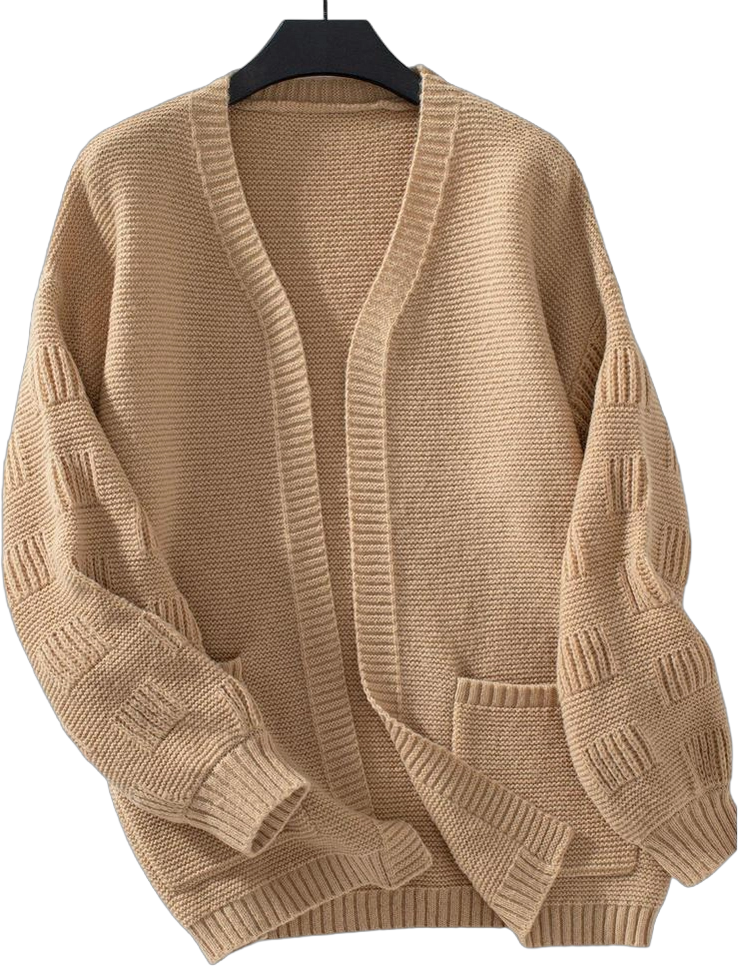 Women's Open Front Chunky Cardigan Sweater Long Sleeve Loose Fit with Pocket,Khaki - M