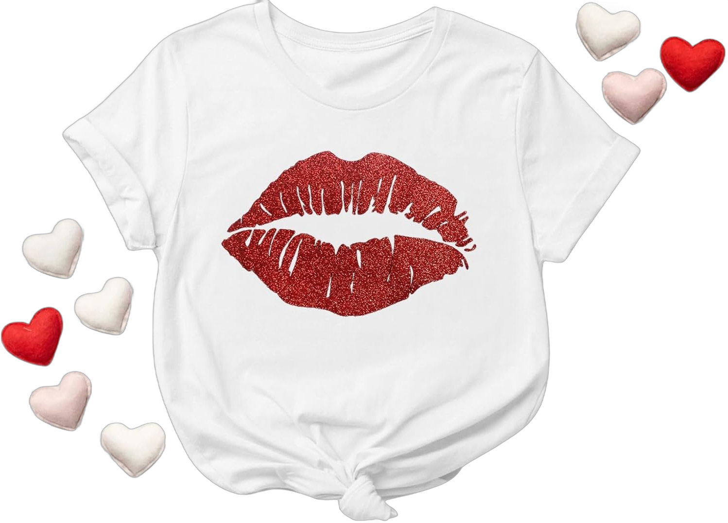 Oversized Shirts for Women Valentine's Day Red Lip Print Pullover Tops Crew Neck Short Sleeve Fashion Graphic Tee Shirts Mom Birthday Gifts (A11 White,L)