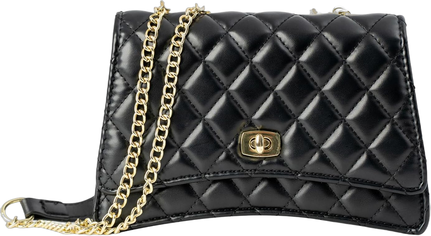 Quilted Shoulder Bag for Women with Golden Chain Strap and Curvilinear Base, Classic Black PU Leather Quilted Crossbody Handbag Purse