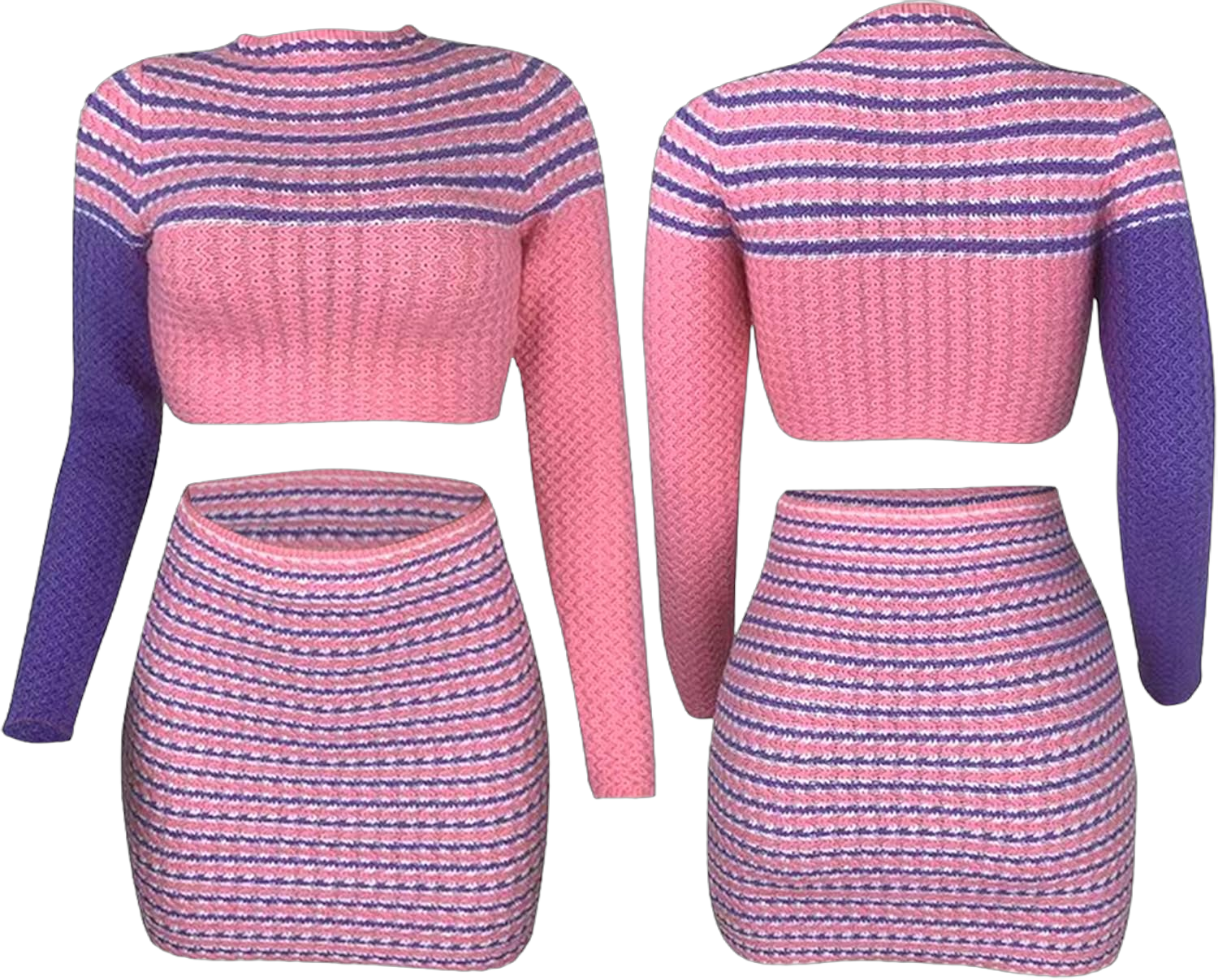 Women's Piece Outfits Long Sleeve Splicing Leisure Stripe Suits Crop Top Bodycon Sweater Mini Skirt Set X-Large Pink