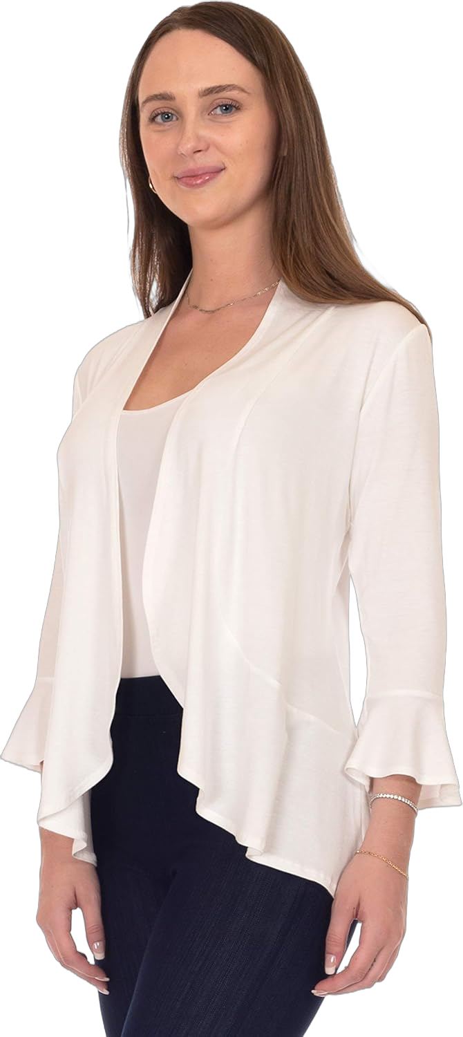 DFF Shop Women's 3/4 Length Flare Sleeve Ruffles Hem Open Cardigan (Size: S-5X) 1X Ivory