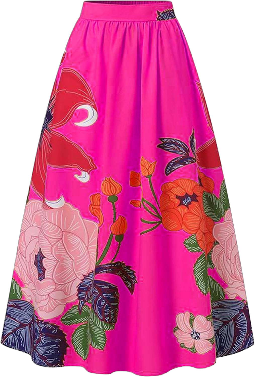 VREWARE Summer Dresses for Women Pleated Ruffle A Line Floral Print Skirt High Waist Party Beach Pocket Long Maxi Skirt Shiny Pink X-Large