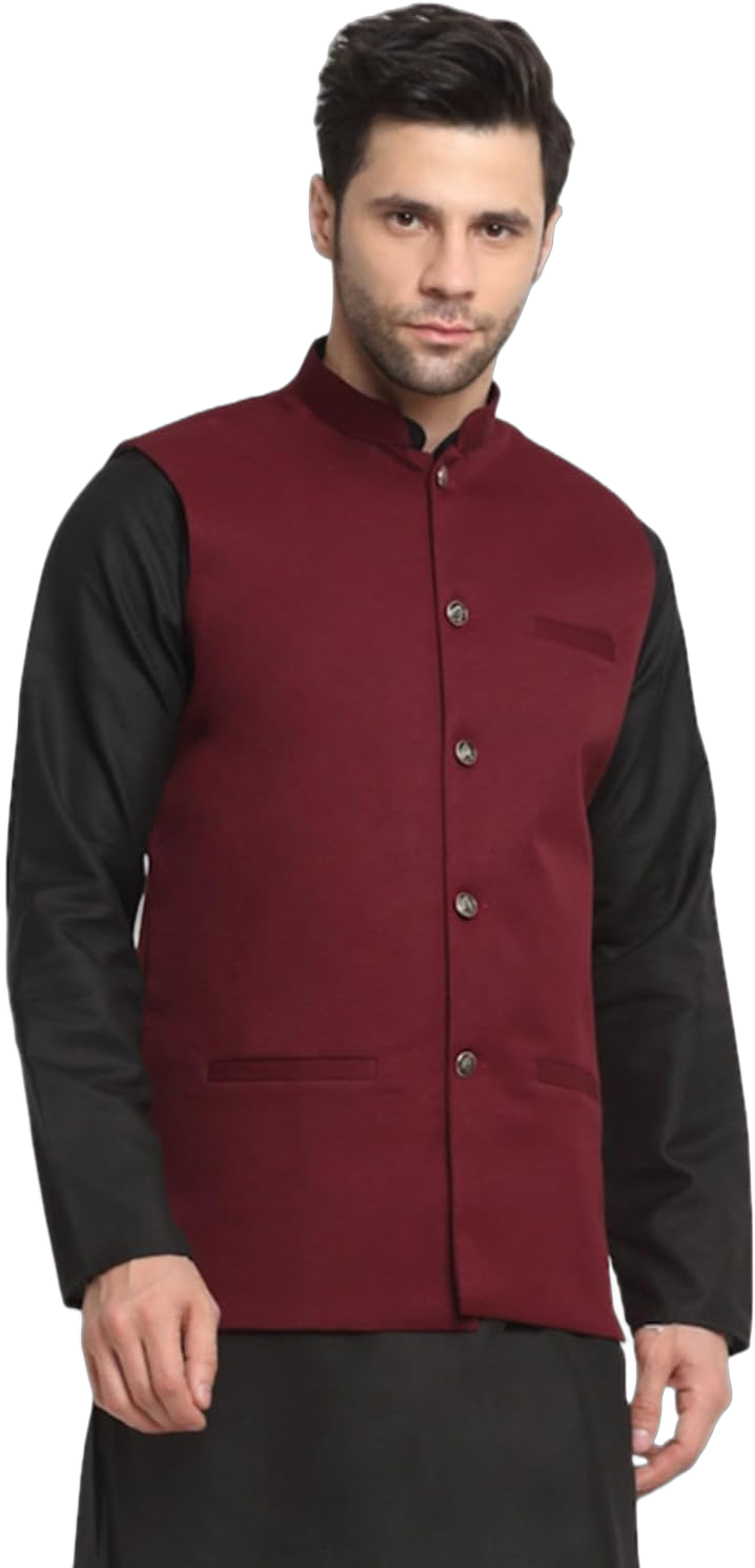 Men's Twill Cotton Nehru Jacket Only Medium Maroon