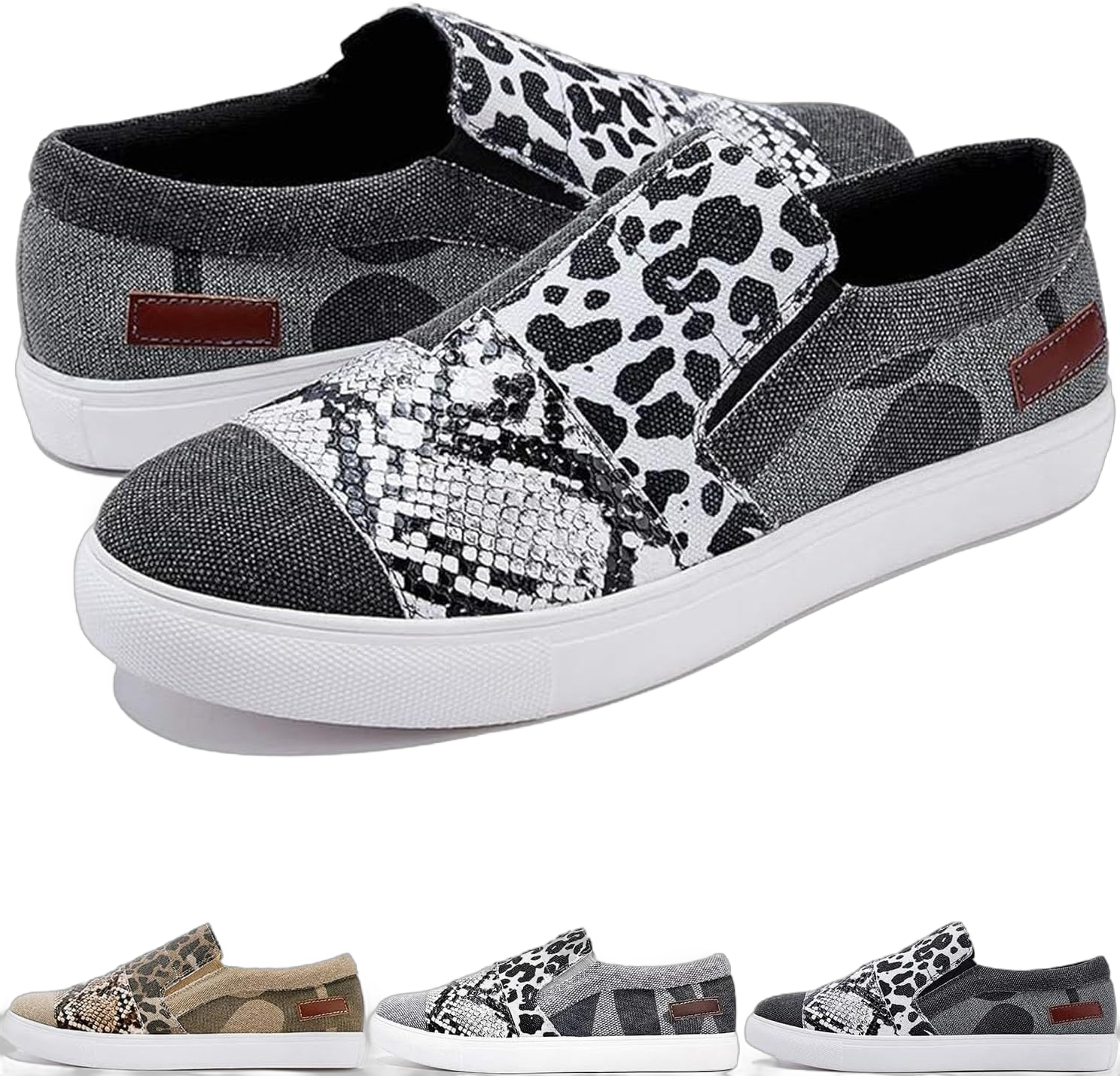 Casual Pieced Raw Edge Animal Print Canvas Slip-On Flats 2024 Women's Orthopedic Comfort Platform Low Top Sneaker 6 Wide Black