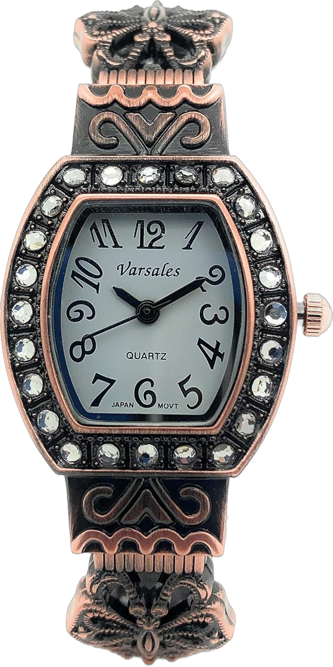 VERSALES Ladies Vintage Style Decorated Metal Bangle Cuff Fashion Analog Quartz Watch with Rhinestones White Dial with Easy to Read Black Numbers Black Hour Minute Second Hands Varsales copper