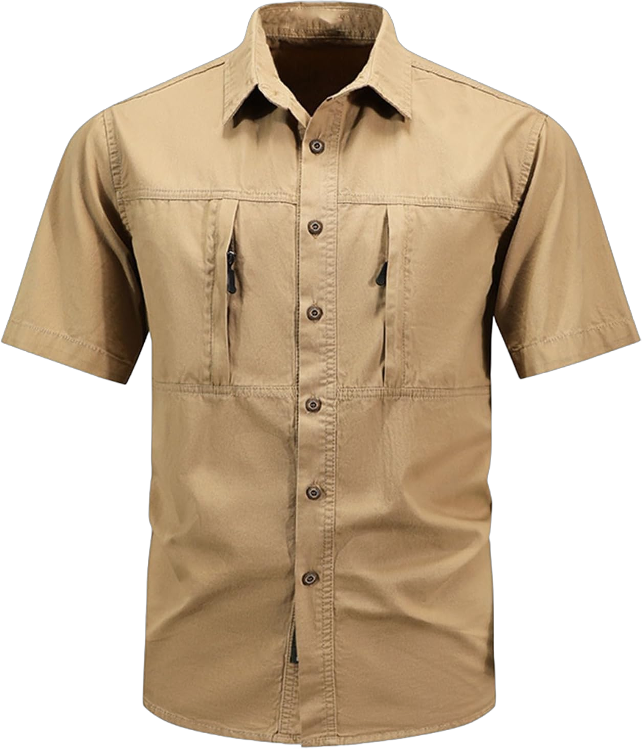 Mens Fishing Shirts with Zipper Pockets Cotton UPF 50+ Sun Shirt Short Sleeve Button Down Cargo Hiking Safari Shirt Medium Khaki