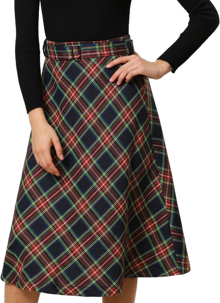 Allegra K Women's Tartan Plaid High Waist Belted Vintage A-Line Midi Skirt Dark Blue 3X-Large