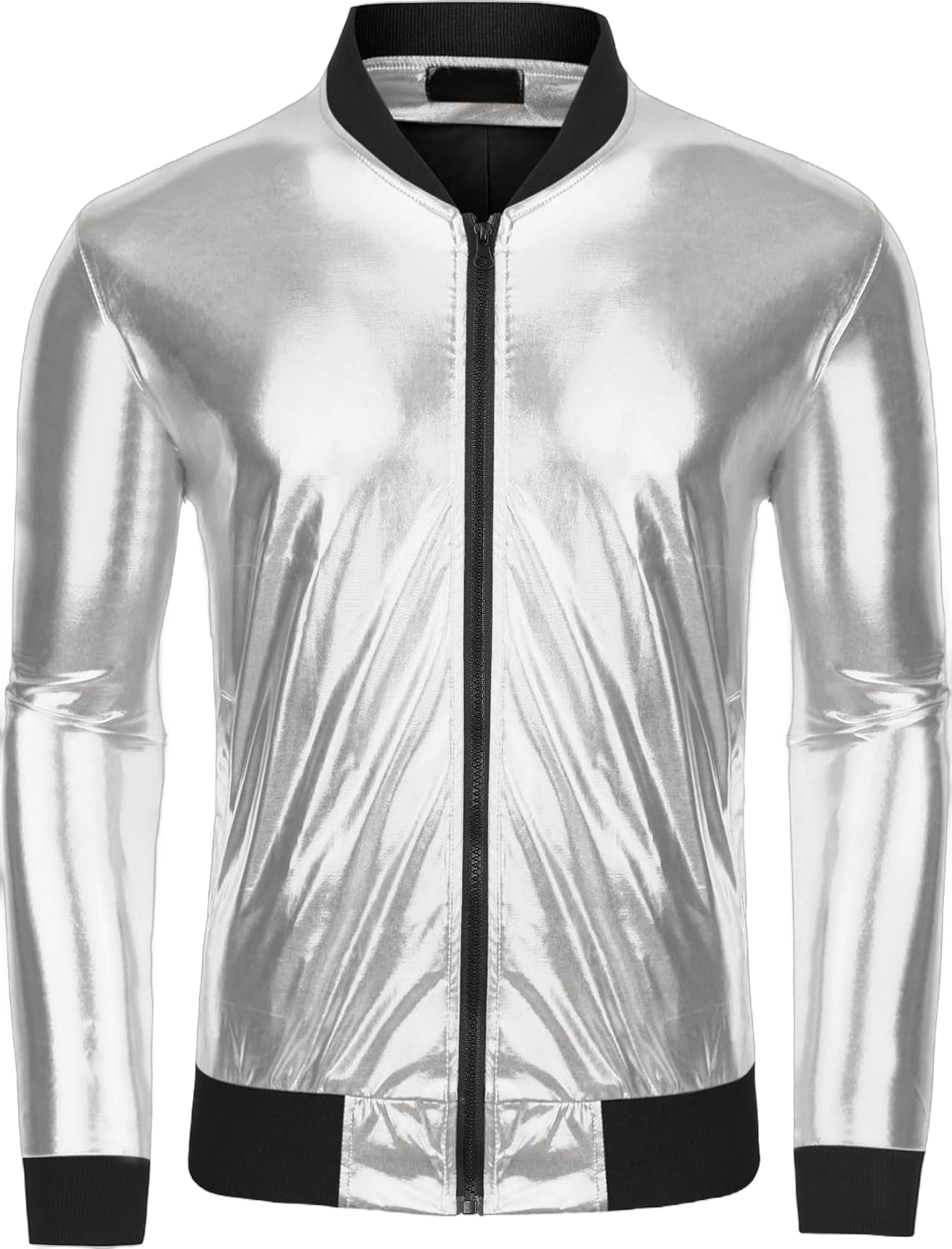 Lars Amadeus Men's Sparkle Shimmering Metallic Jacket Disco Party Shiny Bomber Jacket Medium Silver