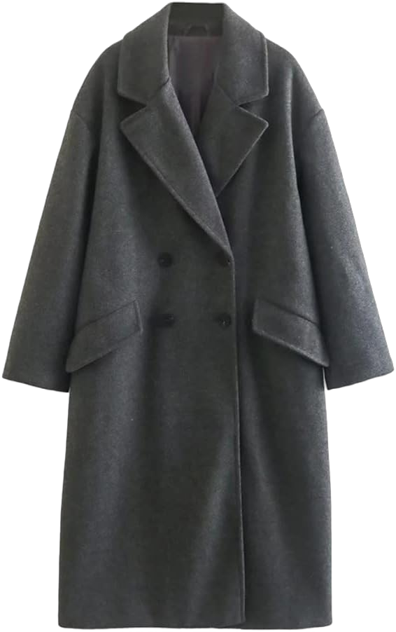 chouyatou Women's Winter Warm Notch Lapel Double Breasted Long Wool Coat Overcoat Large Grey