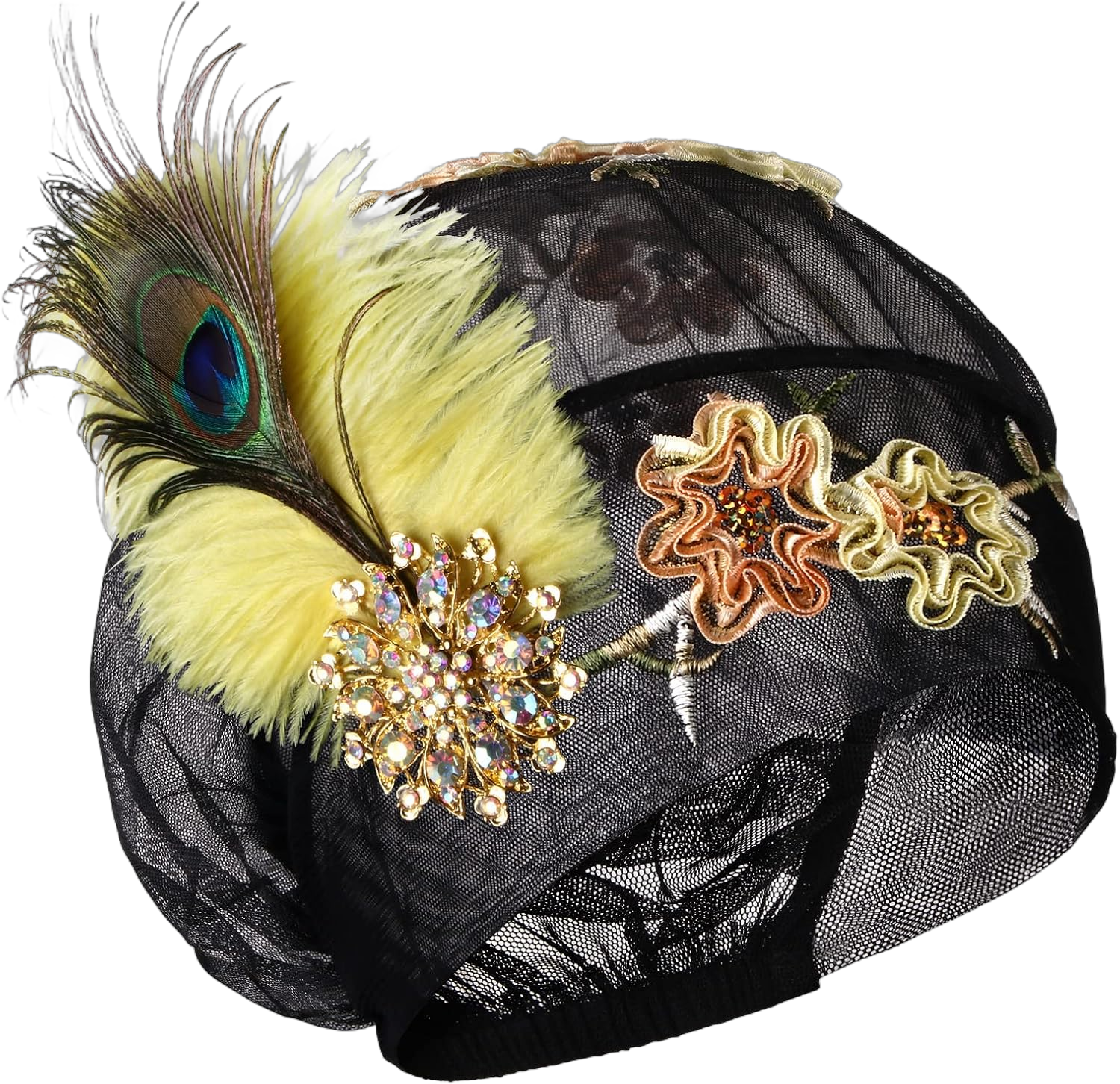 Vijiv Fascinators Derby Feather Hat for Women Tea Party Cap Embroidered Bridal Headpiece Gatsby 1920s Flapper Accessories 7 1/8-7 1/2 Black