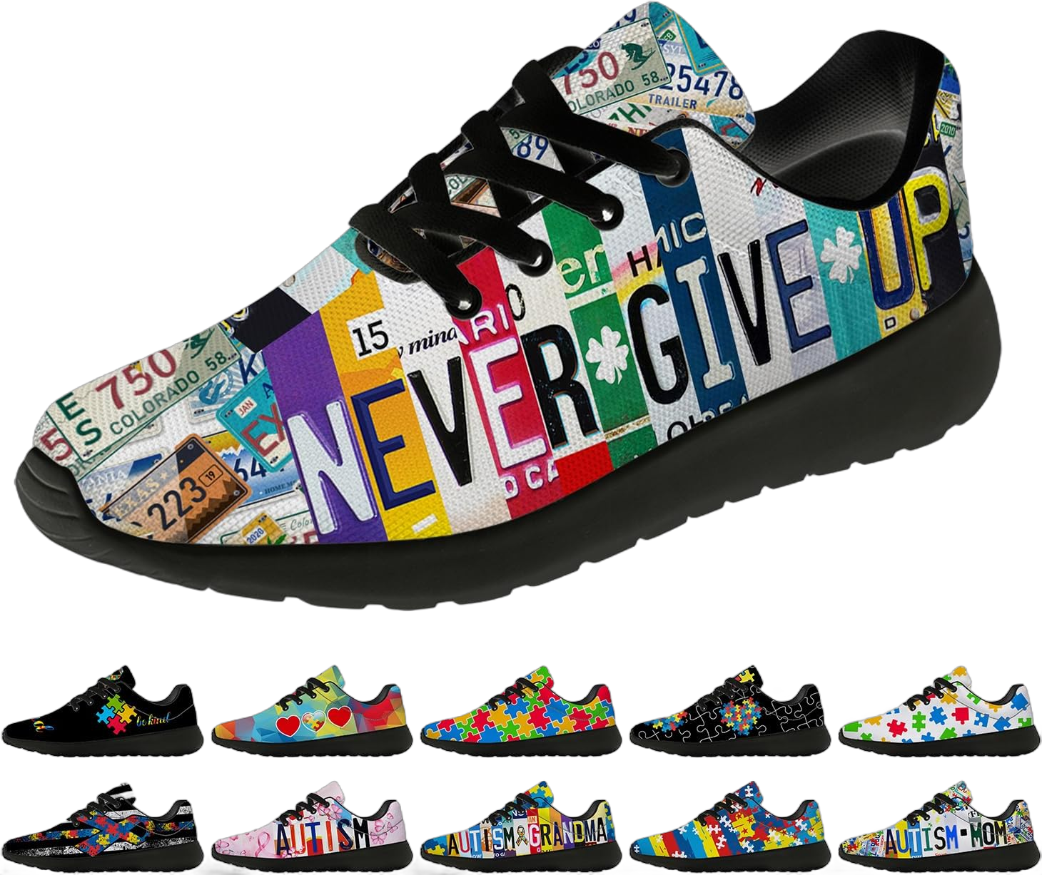 Autism Awareness Shoes for Women Men Fashion Sneakers Running Shoes Gifts for Girls Boys 5.5 Women/3.5 Men Lx112 Multicolor Never Give Up