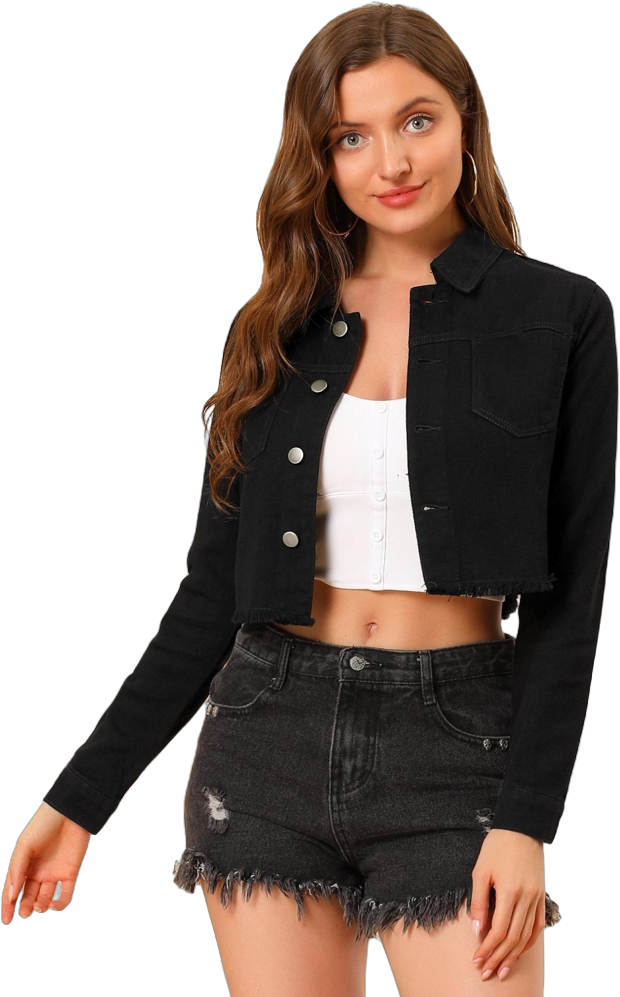 Allegra K Women's Turn Down Frayed Button Down Washed Cropped Denim Jacket Black Large