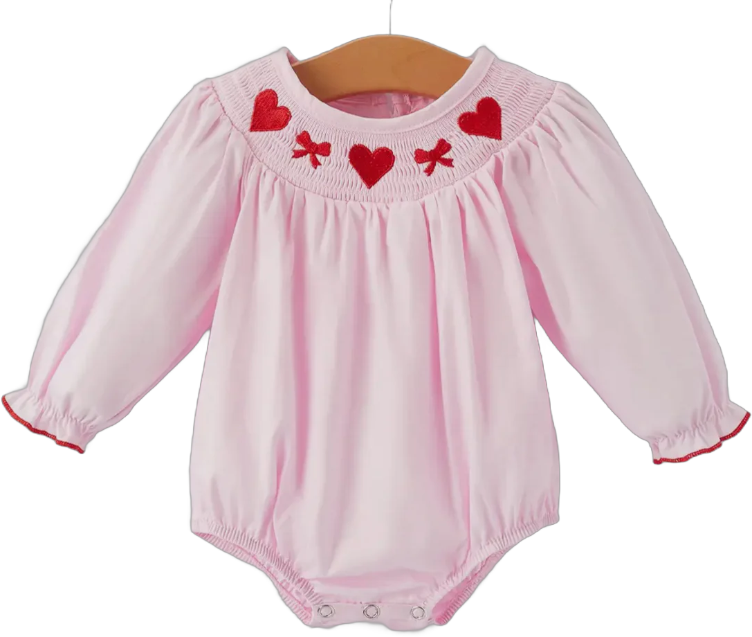 Pink Smocking Embroidery Long Sleeve Girls Romper