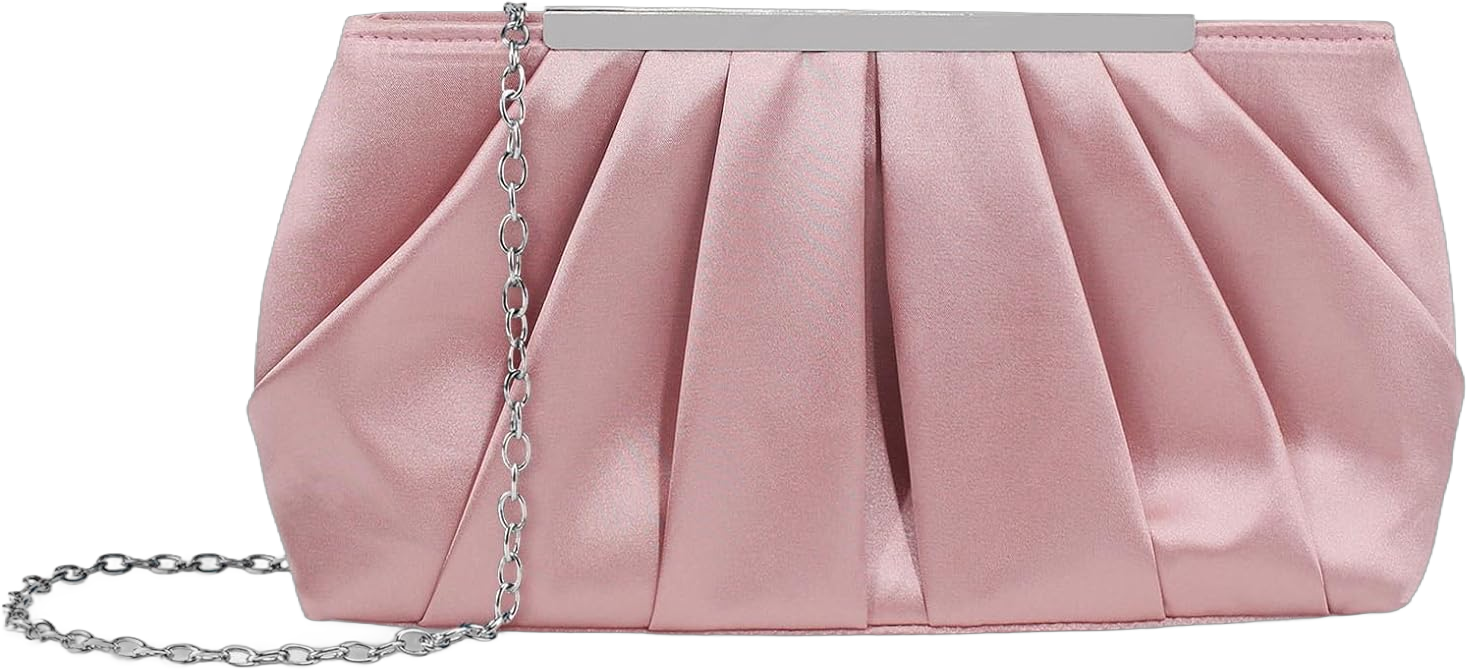 Gets Clutch Purse for Women Pleated Satin Evening Bag Formal Handbag Purse with Chain Crossbody Purse for Wedding Cocktail Pink