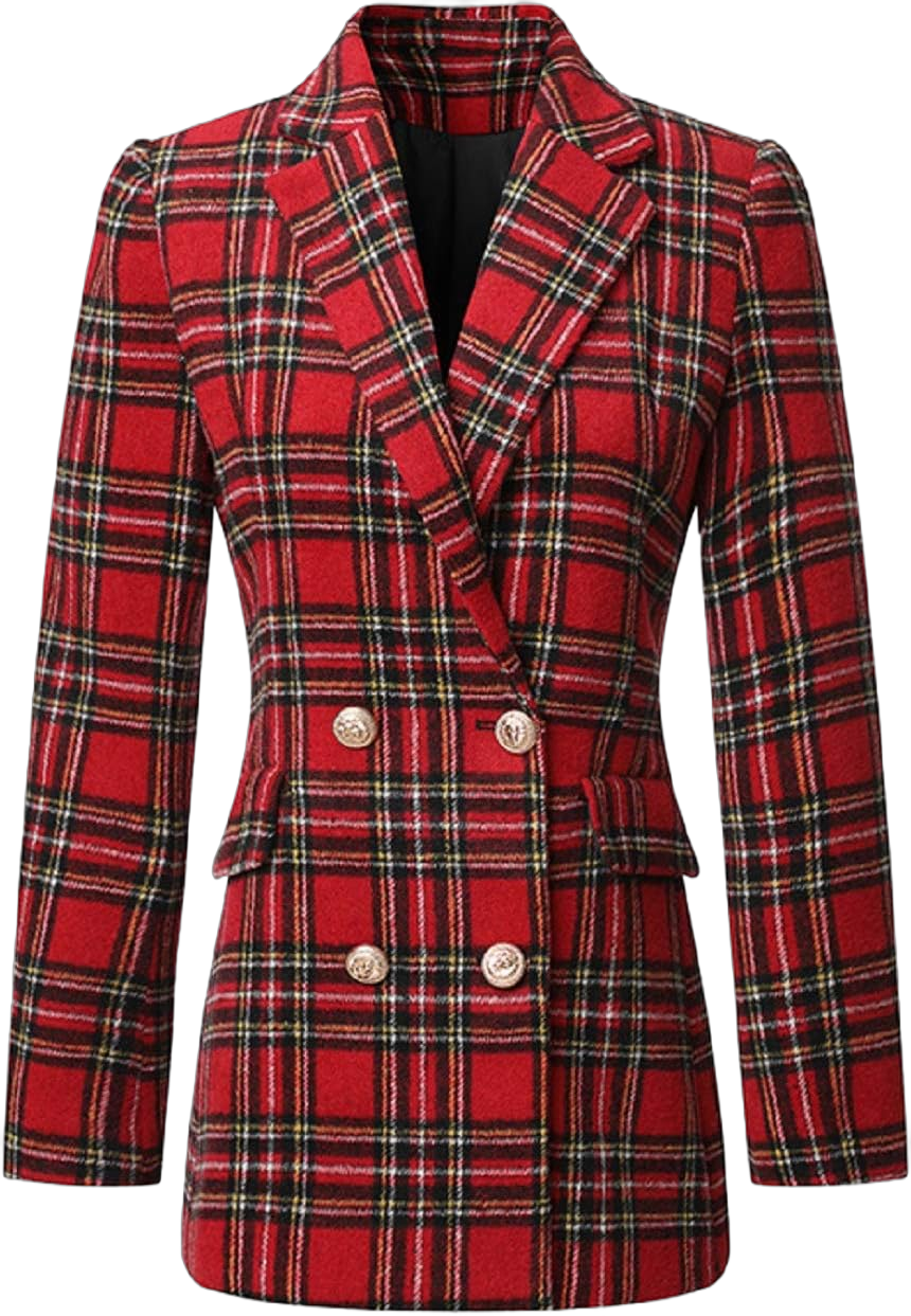 CHARTOU Women's Tailored Collar Slim Plaid Double Breasted Short Blazer Jacket Medium Red