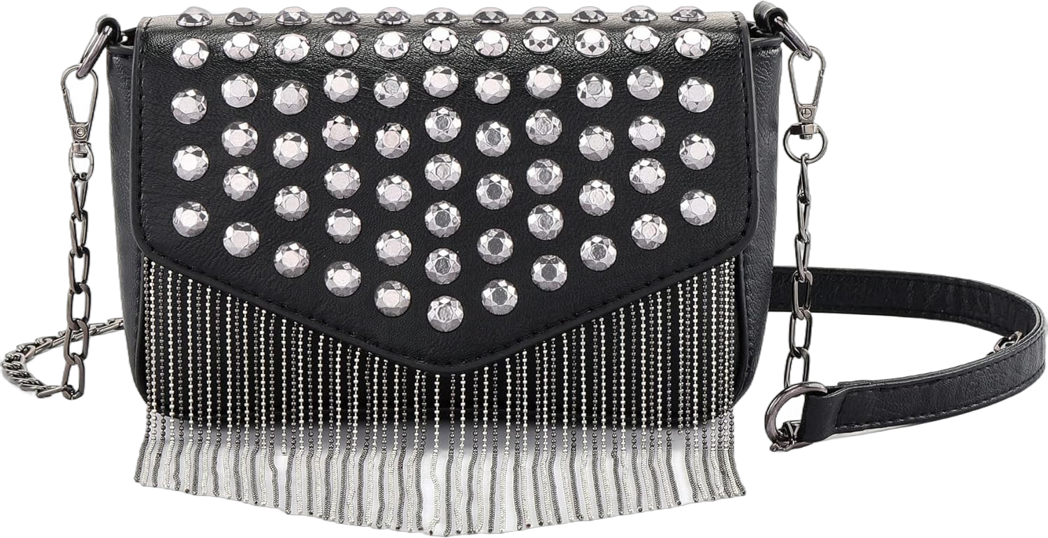 Ayliss Women Crossbody Handbag Purse Small Rivets Studded Tassel Shoulder Bag Clutch Gothic Punk Rock Party Funky Bag (Rectangle Black)