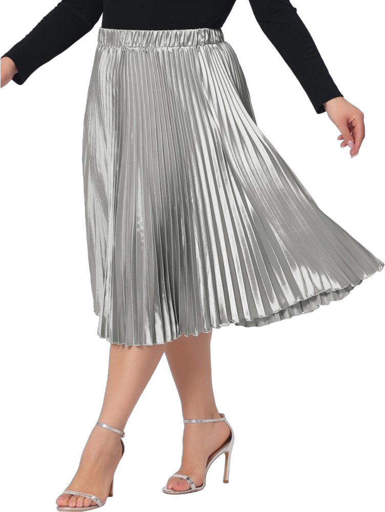 Agnes Orinda Women's Plus Size Halloween Pleated Stretched High Waist Metallic Shiny Midi Circle Skirts Silver 2X