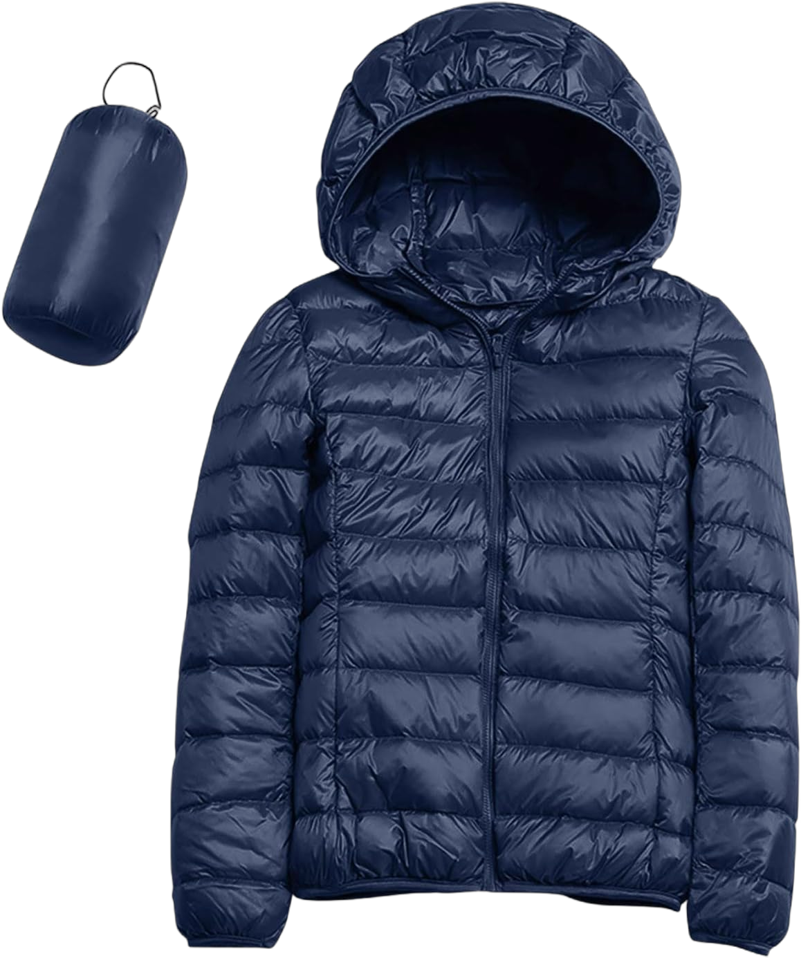 Womens Casual Lightweight Hooded Down Jacket Packable Solid Color Puffer Coats Jacket with Storage Bag Medium Navy