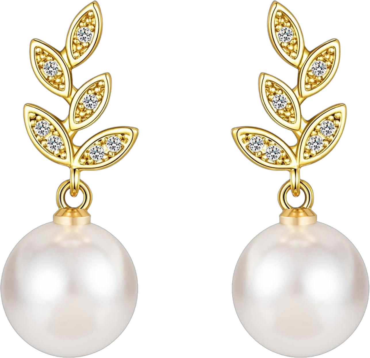 Gold Pearl Earrings for Women 14K Real Gold Plated Pearl Drop Earrings Dainty Cubic Zirconia Gold Earrings for Women Wedding Bridal Bridesmaid Gold Pearl & Leaf