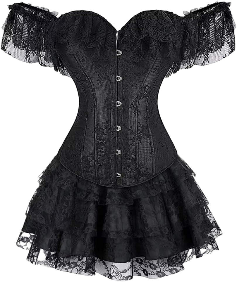 Corset for Women Skirt Set Top Plus Size Outfit Lace up Sleeved Gothic Medieval Renaissance 3X-Large Black