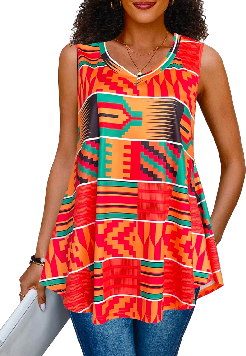 Afibi Summer Tops for Women Sleeveless V Neck Tshirt Loose Fit African Dashiki Tank Tunic Blouse Medium Red