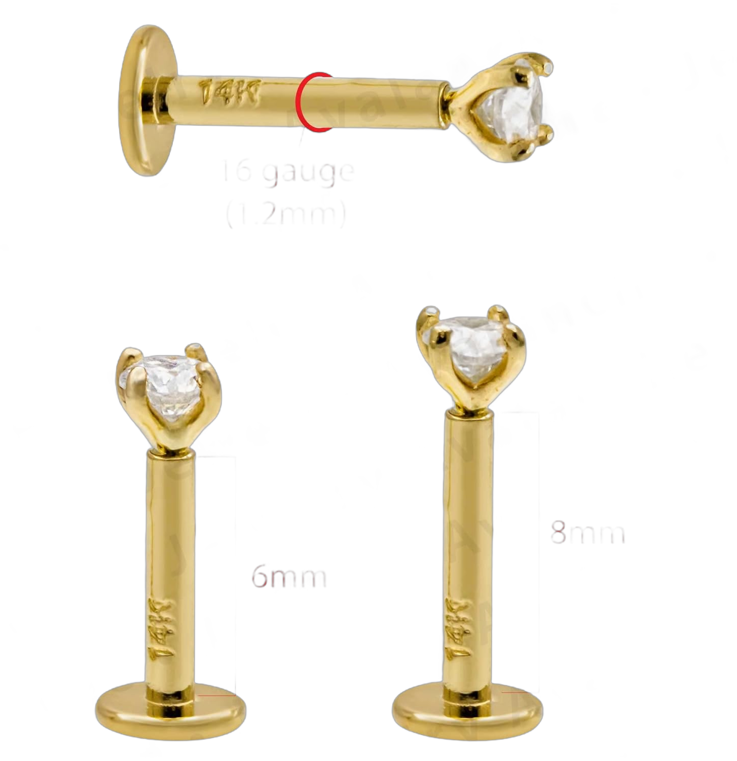 Jewelry Avalanche 6mm-8mm Post 16G Labret Stud Solid 14Kt Yellow Gold/White Gold with Moissanite Gemstone sizes 2mm-3mm Internally Threaded - Sold per piece! 8mm Post-YG-2.5mm stone