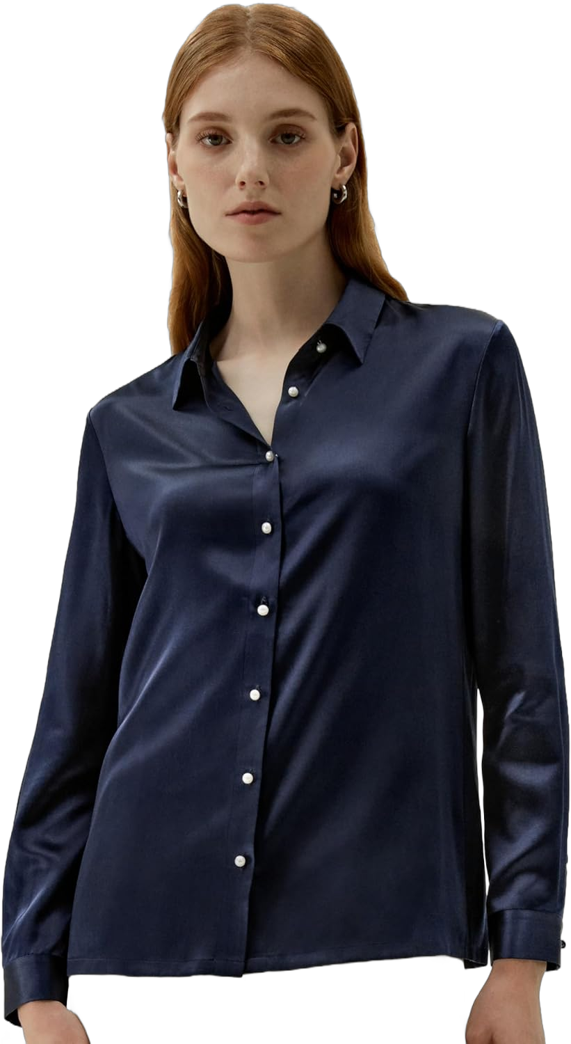 LilySilk Silk Shirts for Women Basic Formal Office Vintage Long Sleeve Pearl Button Down Silk Blouse Tops for Ladies Large Navy Blue