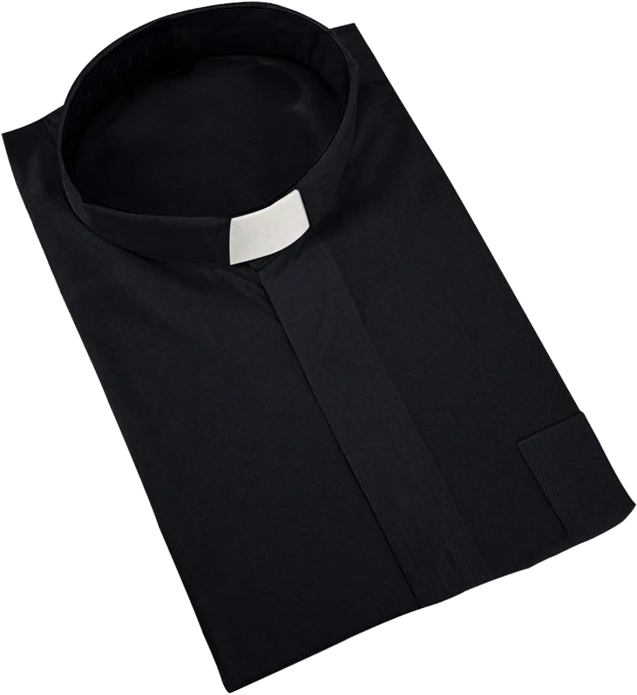 GraduatePro Men Priest Clergy Shirt Long Sleeves with Free Tab Collar Insert for Pastor Preacher Minister Costume 17.5" Neck Black