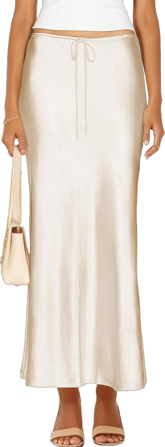 Womens Satin Silk Maxi Skirts Drawstring Flared Casual A-Line Long Skirt for Women Small Cream