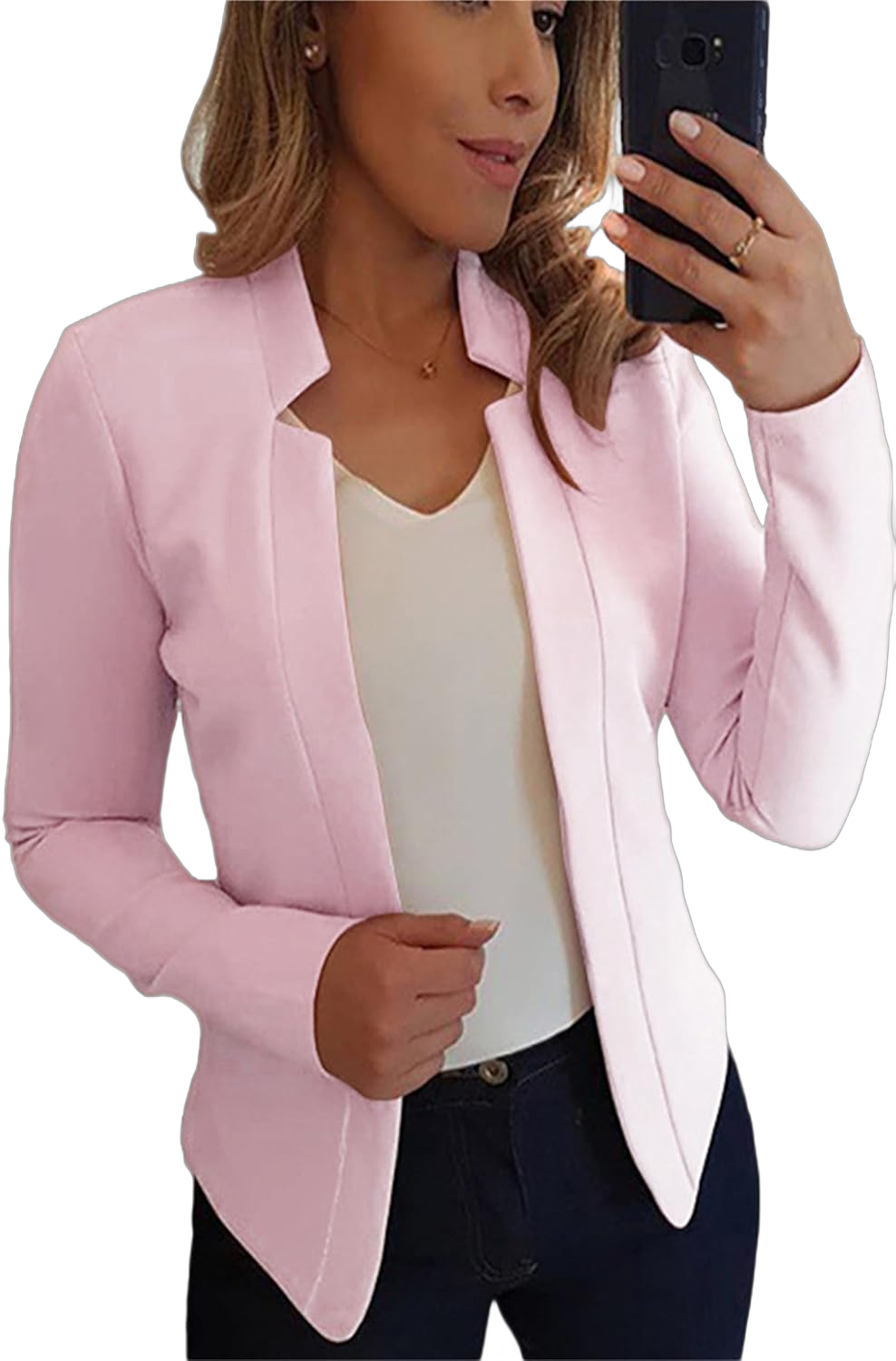 DIACACY Womens Open Front Work Blazer Solid Color Fashion Outfits Casual Office Jacket Light Pink Large