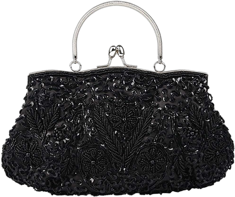 Floral Designer Evening Bag Beaded Sequin Design Vintage Kissing Lock Satin Clutch Purse Bag Wedding Party Clutch Black