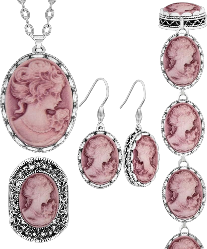 Vintage Look Lady Queen Cameo Sets For Women Victoria Pendant Cameo Necklace Earrings Ring Bracelet Fashion Jewelry Pink 8